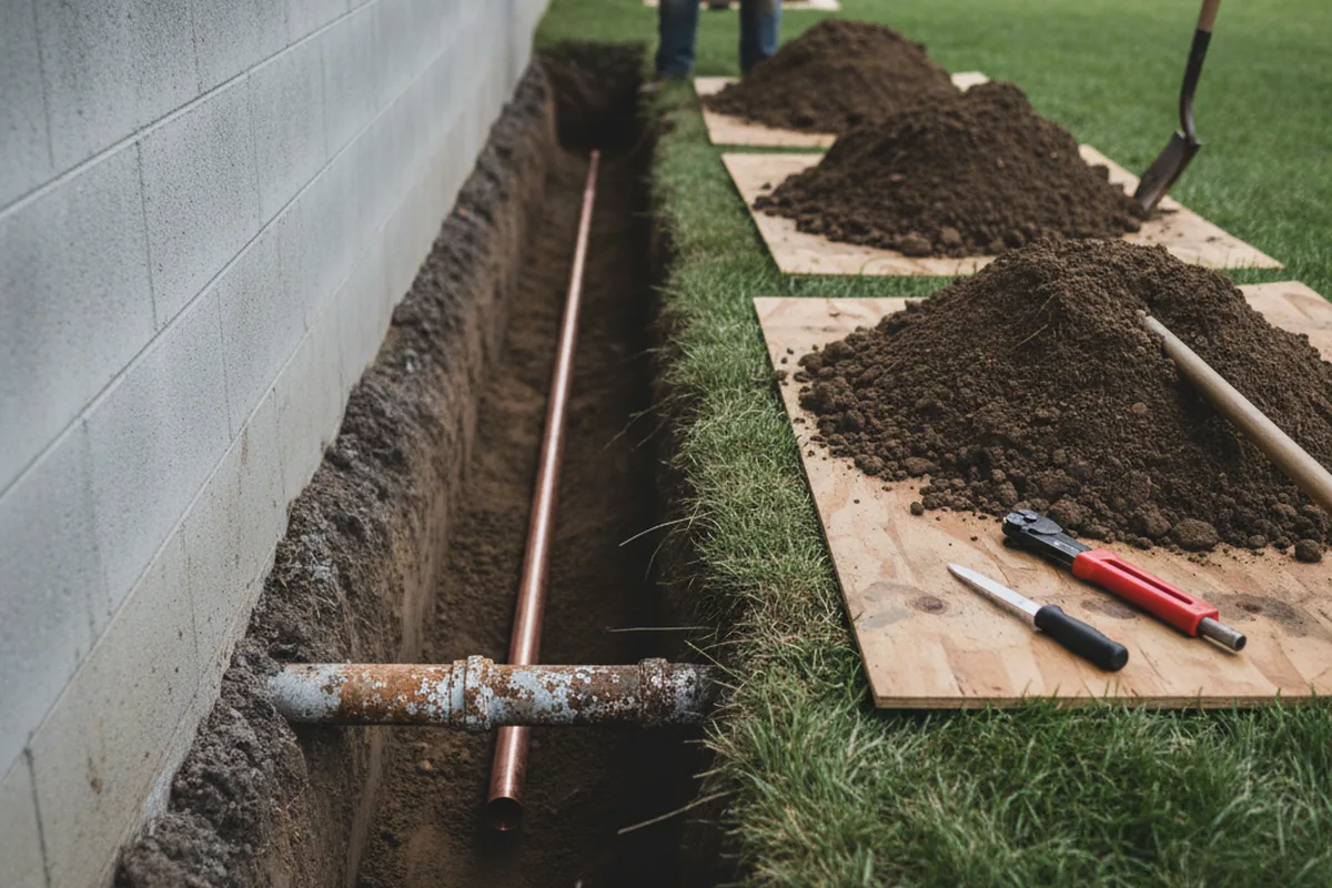 Excavated water line trench during Water Softener Installation in Oostburg